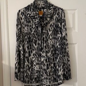 Ruby Rd. Black and Gray Animal Print cowl neck with tie and pouch pocket